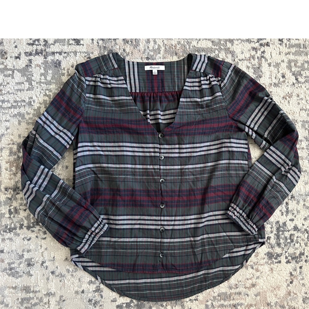 Madewell Plaid‎ V-Neck Button Front Blouse Green Burgundy Cotton Small